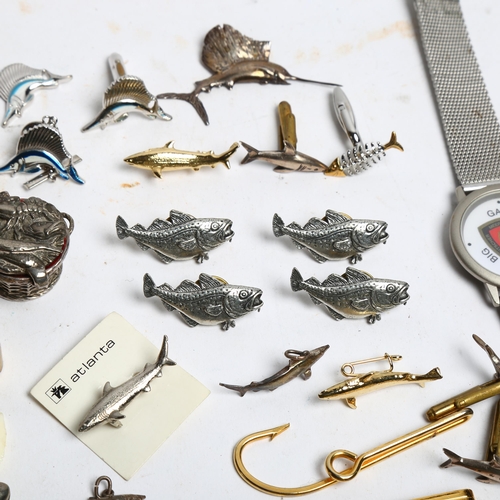 1105 - A group of fishing themed costume jewellery, cufflinks, etc, including some silver items