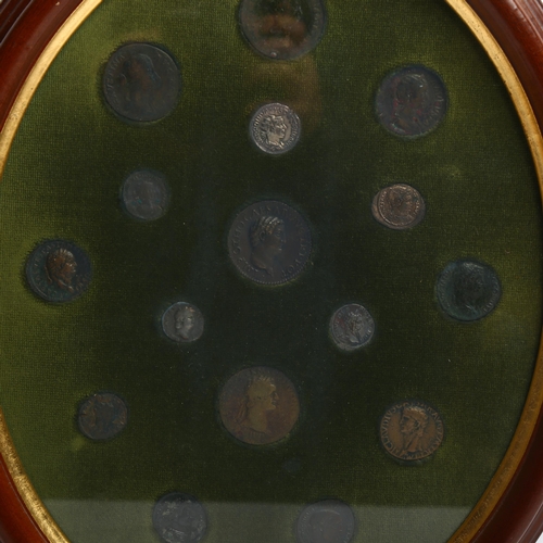 1117 - A framed collection of Antique coins, a Philip II Antoninianus, Middle Eastern and Roman