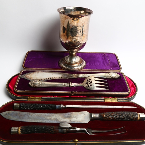 1202 - A Victorian horn-handled 3-piece carving set, with silver mounts, cased, an engraved silver plated f... 