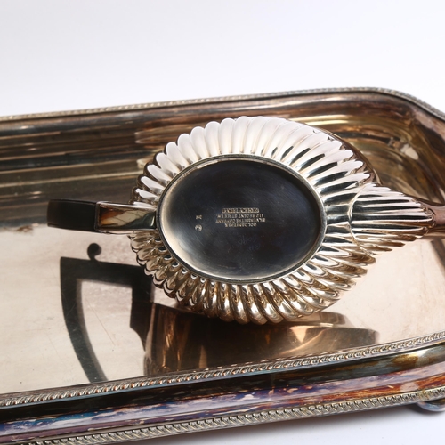 1208 - A rectangular silver plate on copper serving tray with scrolled handles, L59cm, a plated 2-section t... 