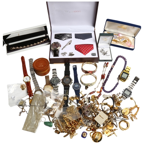 1240 - A box of various modern costume jewellery, including a Swarovski bracelet, gilt-metal jewellery, wri... 