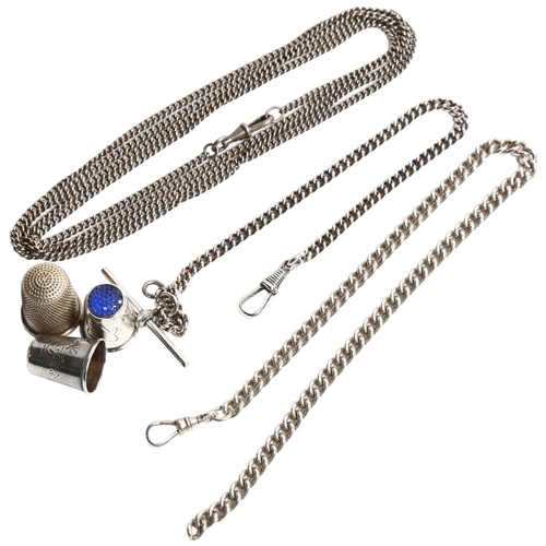 1247 - 2 sterling silver and stone set thimbles, another, a guard chain, and 2 watch chains