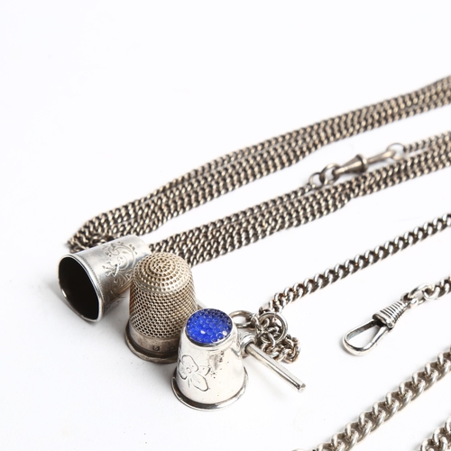 1247 - 2 sterling silver and stone set thimbles, another, a guard chain, and 2 watch chains