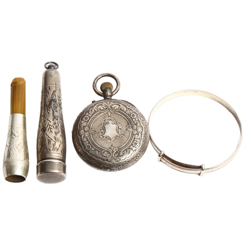 1285 - A group of silver items, including a baby's christening bangle, an engraved silver cased fob watch, ... 