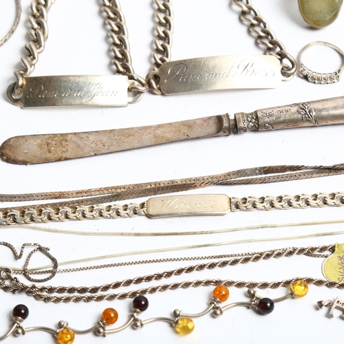 1286 - Various silver bracelets, necklace, a silver-handled knife, and other jewellery