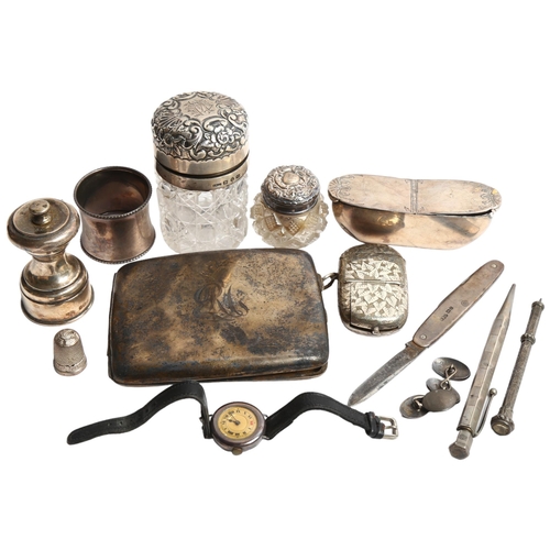 1292 - A group of silver and plated items, to include silver cigarette case, napkin ring, silver-topped sce... 