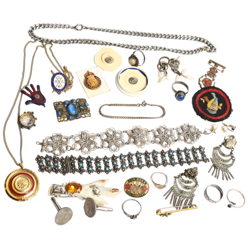 1297 - A group of various jewellery, including a turquoise set panel bracelet, a silver filigree panel brac... 