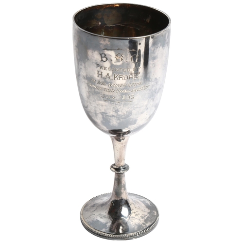 1305 - An Edward VII silver goblet, H19.5cm, used as a presentation piece, by H A Crone, to the Winner of t... 