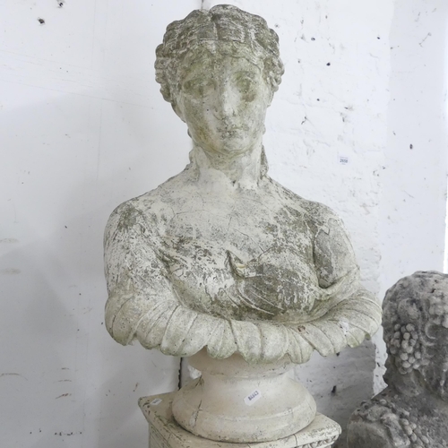 2646 - A weathered composite garden sculpture, study of a classical female bust on separate plinth base. He... 