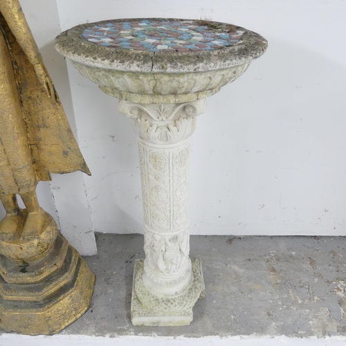 2648 - A weathered concrete two-section pedestal, with mosaic top. 42x80cm. A/F.