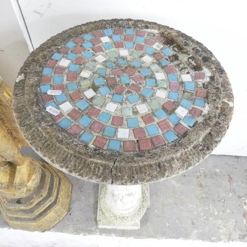 2648 - A weathered concrete two-section pedestal, with mosaic top. 42x80cm. A/F.