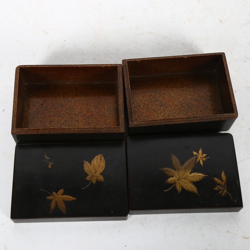 630 - A pair of Japanese meiji period lacquered wood boxes, with gilded leaf decoration, 11x7.5x5cm.