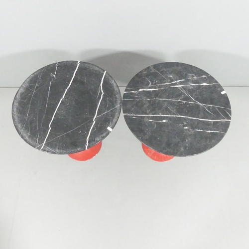 2102 - A pair of marble topped tulip occasional tables on painted metal bases, in the manner of Eero Saarin... 