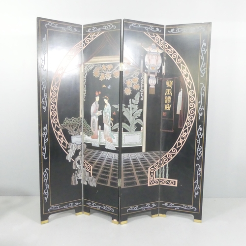 2114 - A modern Chinese black lacquered four-fold room divider screen, with carved and painted decoration. ... 