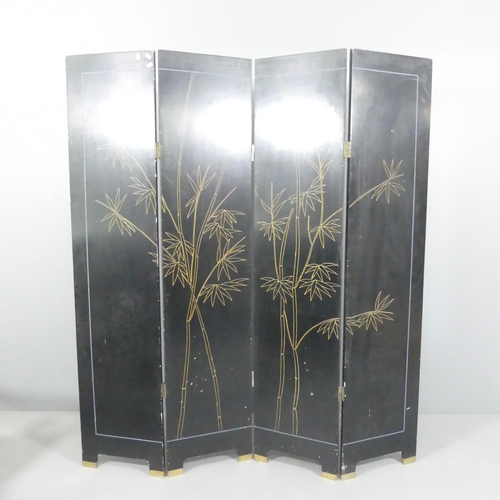 2114 - A modern Chinese black lacquered four-fold room divider screen, with carved and painted decoration. ... 