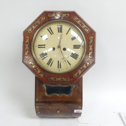 1043 - A 19th century mahogany and brass inlaid octagonal drop-dial wall clock, painted wooden dial, 8-day ... 