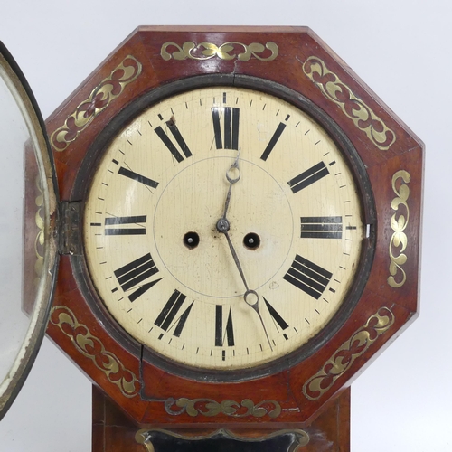 1043 - A 19th century mahogany and brass inlaid octagonal drop-dial wall clock, painted wooden dial, 8-day ... 