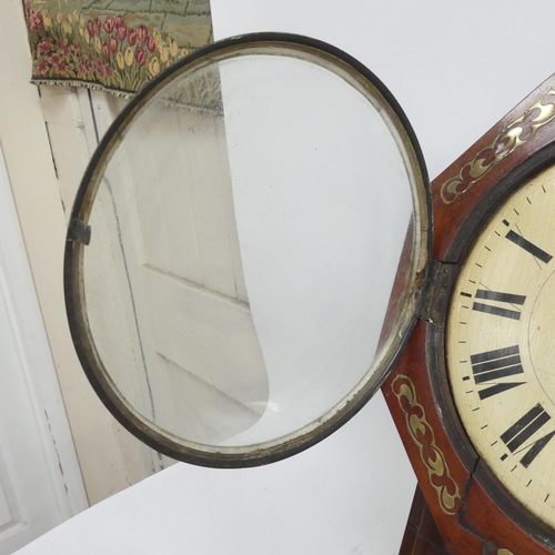 1043 - A 19th century mahogany and brass inlaid octagonal drop-dial wall clock, painted wooden dial, 8-day ... 