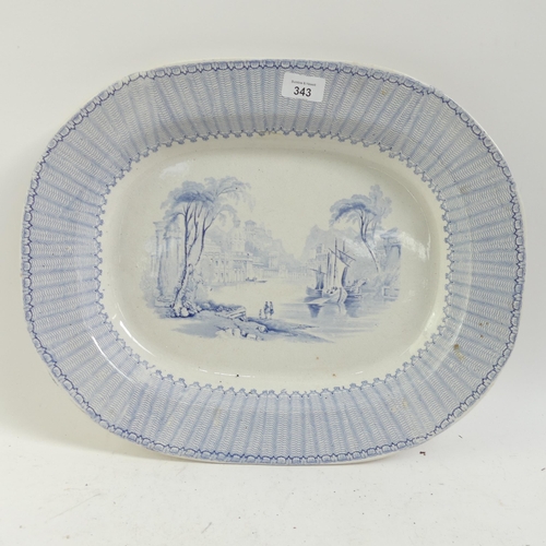 343 - 3 meat plates, including a Victorian Davenport blue and white plate with town scene, 46cm