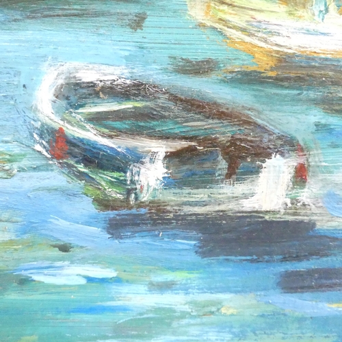 314 - An impressionist acrylic on canvas, boats moored moored on beach and out at sea, appears to be off o... 