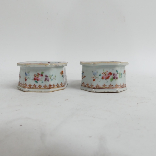 489 - A pair of Antique Chinese salts, famille rose enamel decoration, flowers and birds, and gilded decor... 