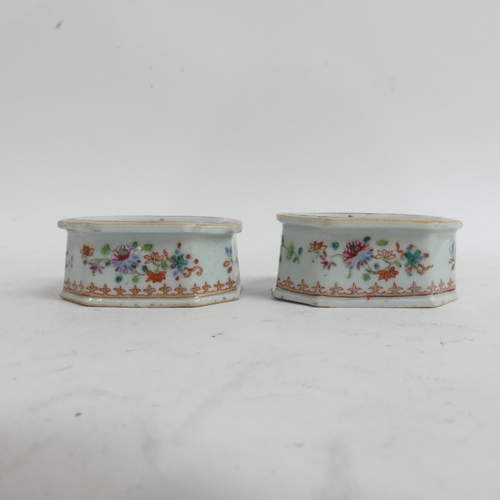 489 - A pair of Antique Chinese salts, famille rose enamel decoration, flowers and birds, and gilded decor... 