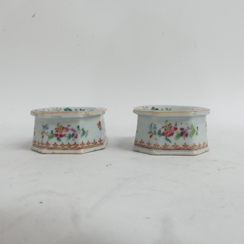 489 - A pair of Antique Chinese salts, famille rose enamel decoration, flowers and birds, and gilded decor... 