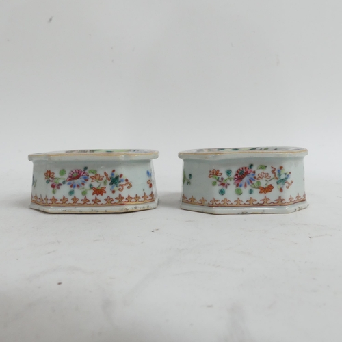 489 - A pair of Antique Chinese salts, famille rose enamel decoration, flowers and birds, and gilded decor... 