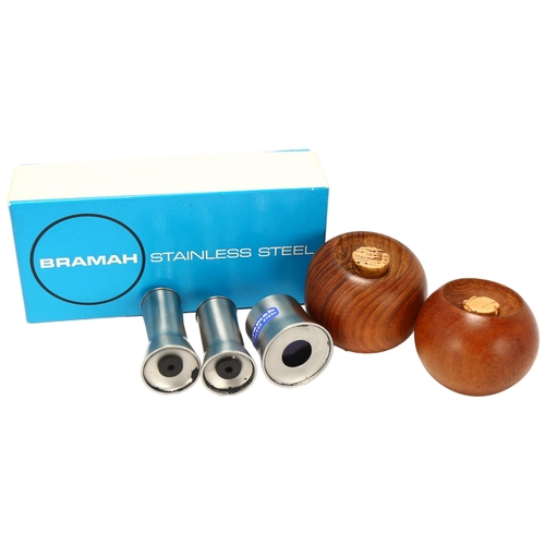 10 - A Bramah, Denmark, boxed stainless steel cruet set, together with a teak salt and pepper set