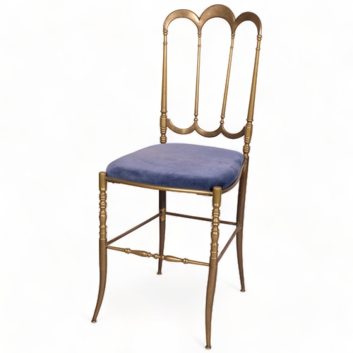 125 - A vintage Chiavari, Italian chair, Hollywood Regency brass frame, with blue upholstered seat pad, he... 