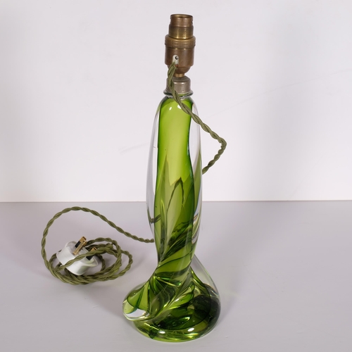 138 - A 1960/70s green hand made Sommerso glass lamp base, recently rewired,  height of base 30cm,