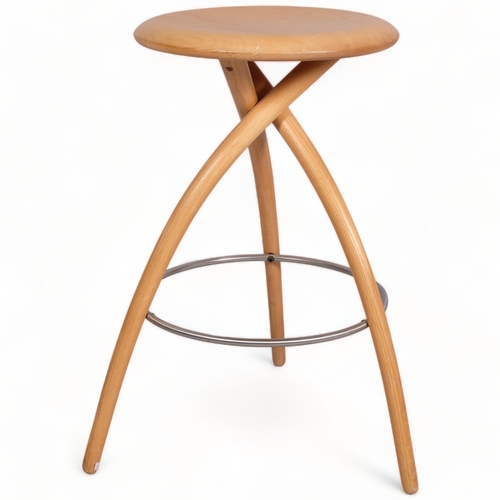 179 - A Trannon 3 legged high stool in steam bent ash by David Colwell and Roy Tam, height 67cm