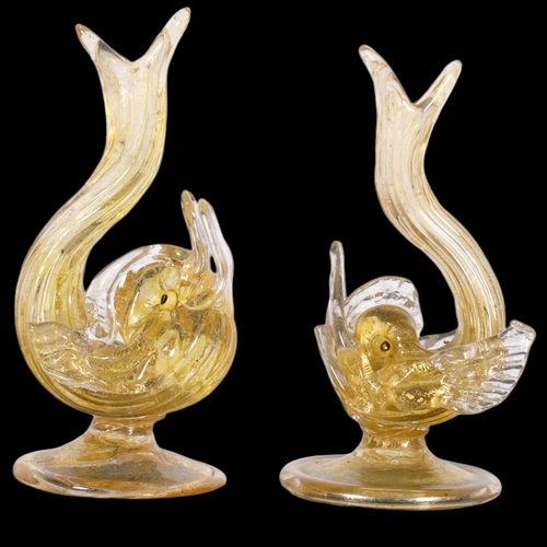 186 - 2 Murano Salviati yellow glass with gold flecks fish/dolphin design menu holders, height 10cm