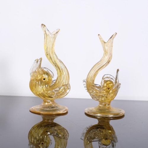 186 - 2 Murano Salviati yellow glass with gold flecks fish/dolphin design menu holders, height 10cm