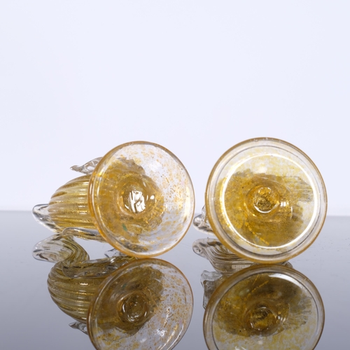 186 - 2 Murano Salviati yellow glass with gold flecks fish/dolphin design menu holders, height 10cm