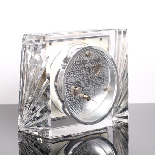 204 - A 1970s' Majak Crystal cased 8 Day clock, dial marked Made in USSR, height 13.5cm, working order