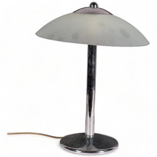 215 - A mid 20th century UFO/ Umbrella table lamp, steel with frosted glass shade, height 46cm