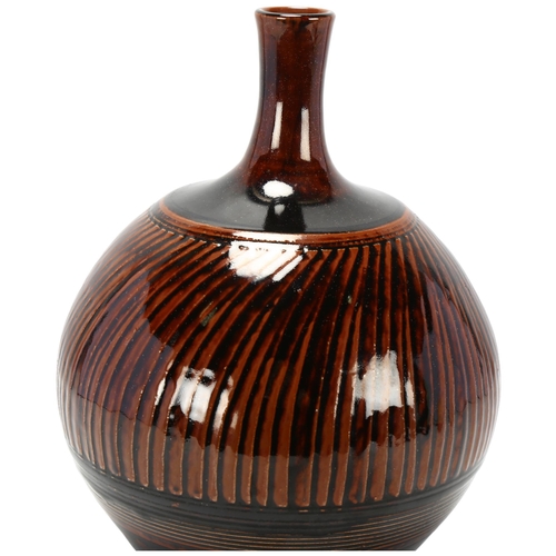 23 - Leo Francis Matthews (b.1962) a tenmoku glaze stoneware bottle vase, makers mark to base, height 24c... 