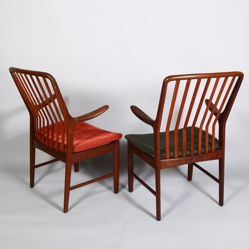 24 - Svend A Madsen for Moreddi, Denmark, a pair of 1960s' teak arm chairs, Made in Denmark stamp on fram... 