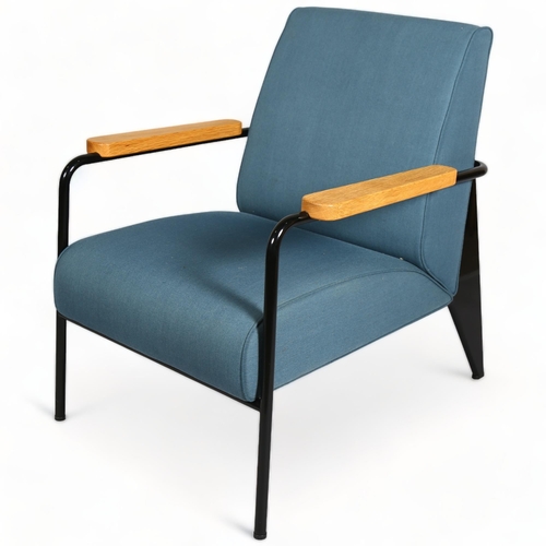Jean Prouve, a Fauteuil de Salon lounge chair by Vitra, the black painted steel frame with slate blue twill upholstery, with maker’s labels, height 83cm, width 67cm (option to buy next lot)