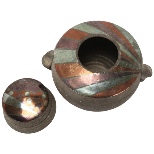 58 - A Raku fired two handled vessel and a similar trinket box, larger piece with makers mark 