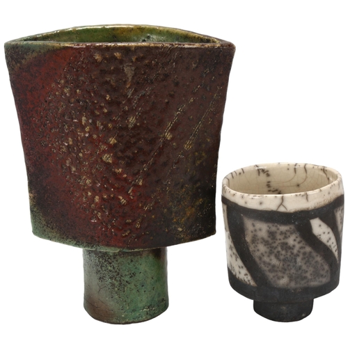 61 - Elizabeth Raeburn (b.1943), a raku fired Axe head vase and a tea-bowl, makers marks to base, vase he... 