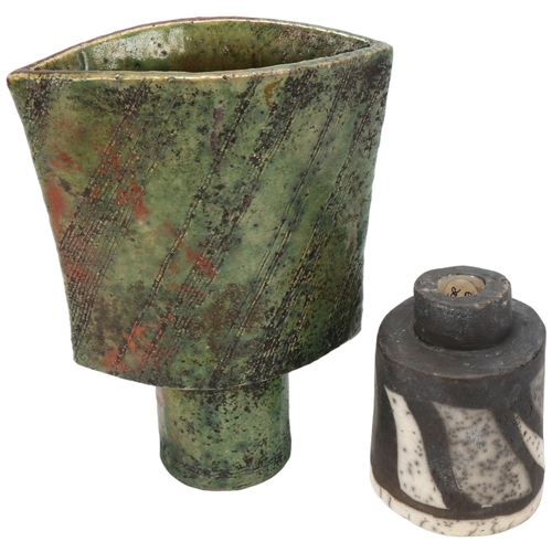 61 - Elizabeth Raeburn (b.1943), a raku fired Axe head vase and a tea-bowl, makers marks to base, vase he... 