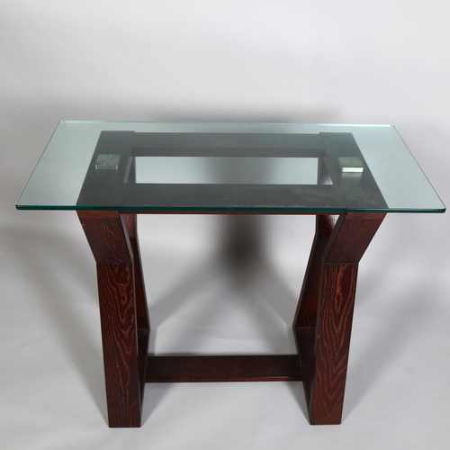 80 - A late 20th Century stained oak frame console table with glass top, height 78cm, top 90 x 42cm