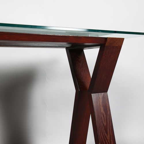 80 - A late 20th Century stained oak frame console table with glass top, height 78cm, top 90 x 42cm