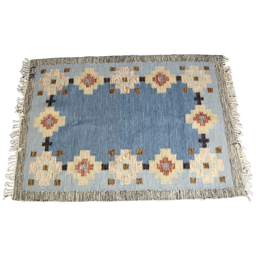 84 - A vintage Swedish double sided flat weave rug (Rollakan), central mottled blue panel with repeated g... 