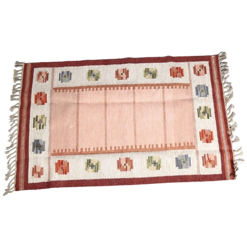 85 - A Swedish Flatweave rug, geometric polychrome design, pink and brown centre, 190 x 122cm