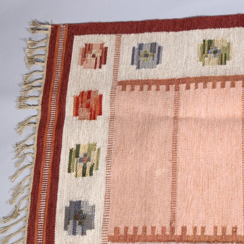 85 - A Swedish Flatweave rug, geometric polychrome design, pink and brown centre, 190 x 122cm