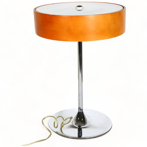 95 - A late 20th century table lamp, beech wood and frosted glass shade on chromed base, height 45.5cm