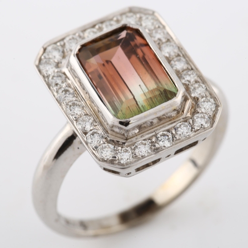 1137 - A 9ct white gold watermelon tourmaline and diamond cluster ring, in Art Deco style, set with modern ... 